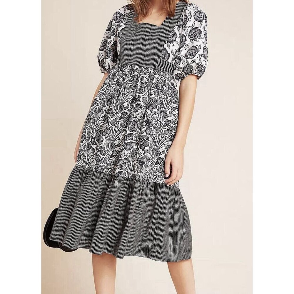 ANTHROPOLOGIE Bloomingprint Dress Adrienne Flounced Midi Floral Size 14 Pockets - Picture 1 of 13